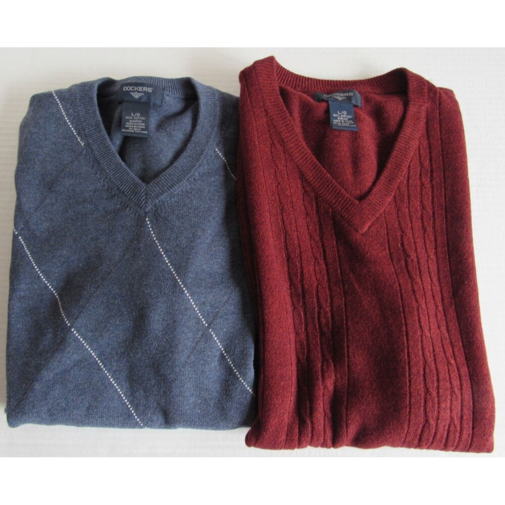 VTG Lot of 2 Dockers Sweater Vests Blue Rust Red V Neck Acrylic Pullover Size L